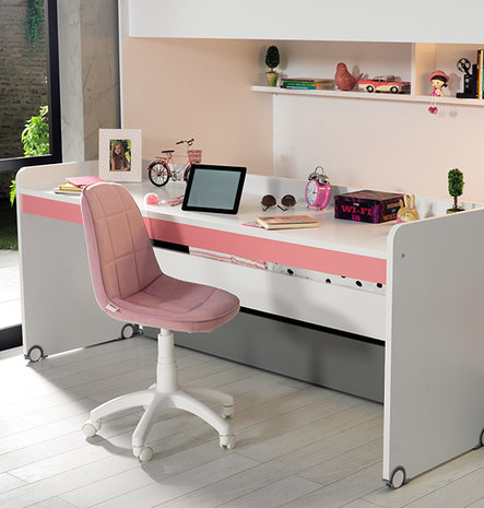 Sloppenwijk worst leg uit Neo stapelbed met bureau groot 90x200 wit - roze - Kinderbeddenstore