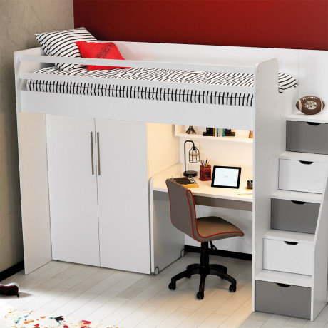 Neo hoogslaper met bureau en kledingkast 90x200 wit - grijs Kinderbeddenstore